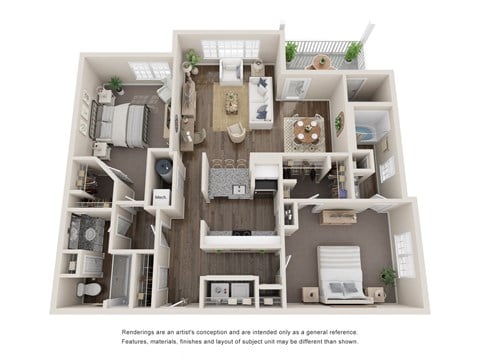 Floor plan for 2 beds, 2 baths, 1223 sqft